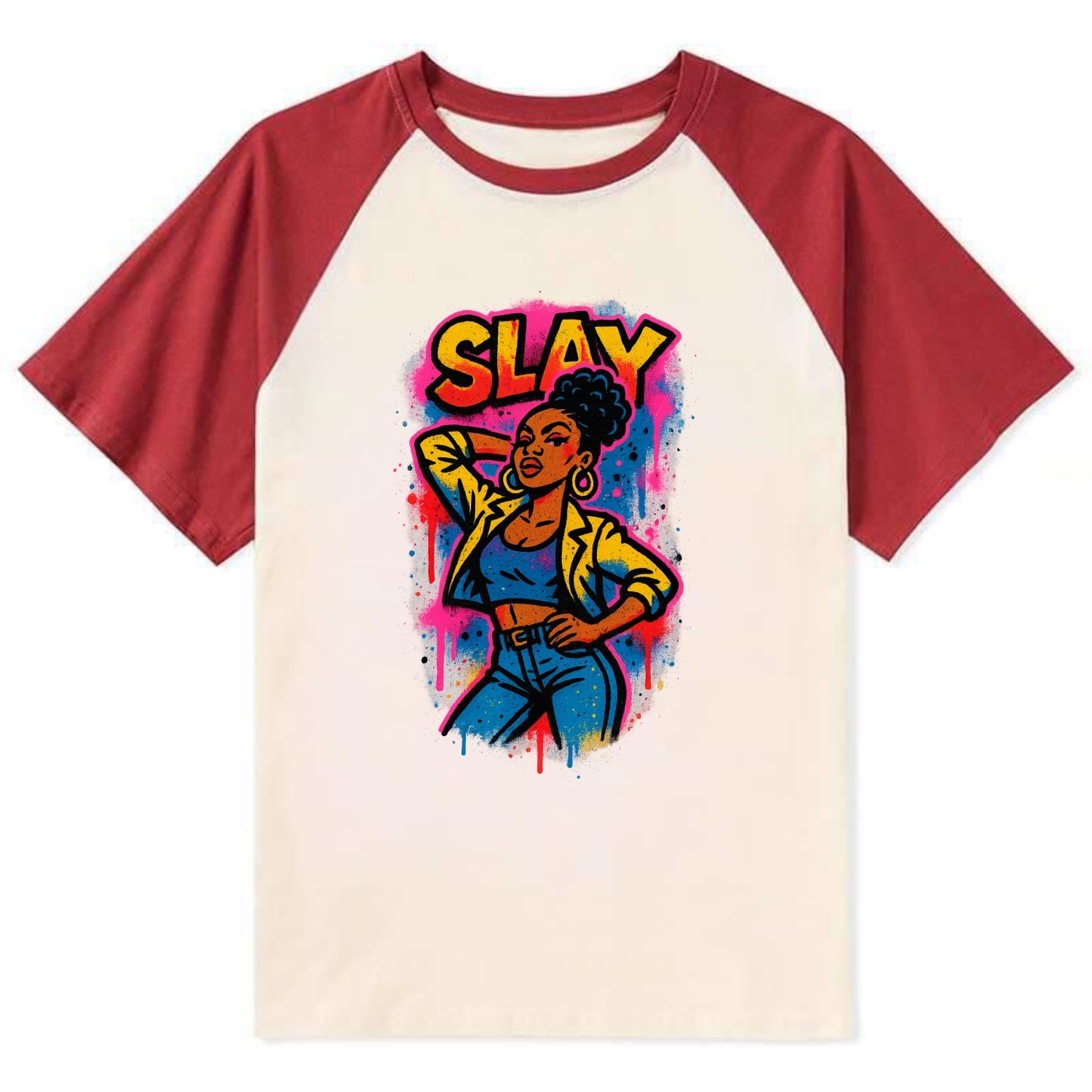Empowered figure striking confident pose - "slay" culture, fierce and - Contrast Raglan T-shirt - Red