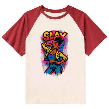 Empowered figure striking confident pose - "slay" culture, fierce and - Contrast Raglan T-shirt - Red