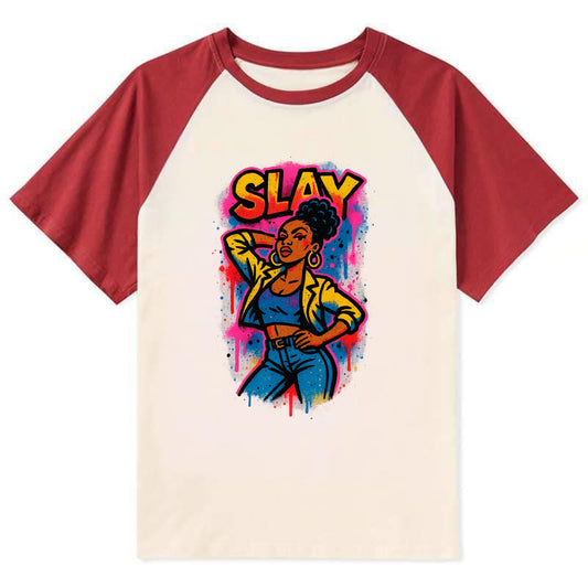 Empowered figure striking confident pose - "slay" culture, fierce and - Contrast Raglan T-shirt - Red