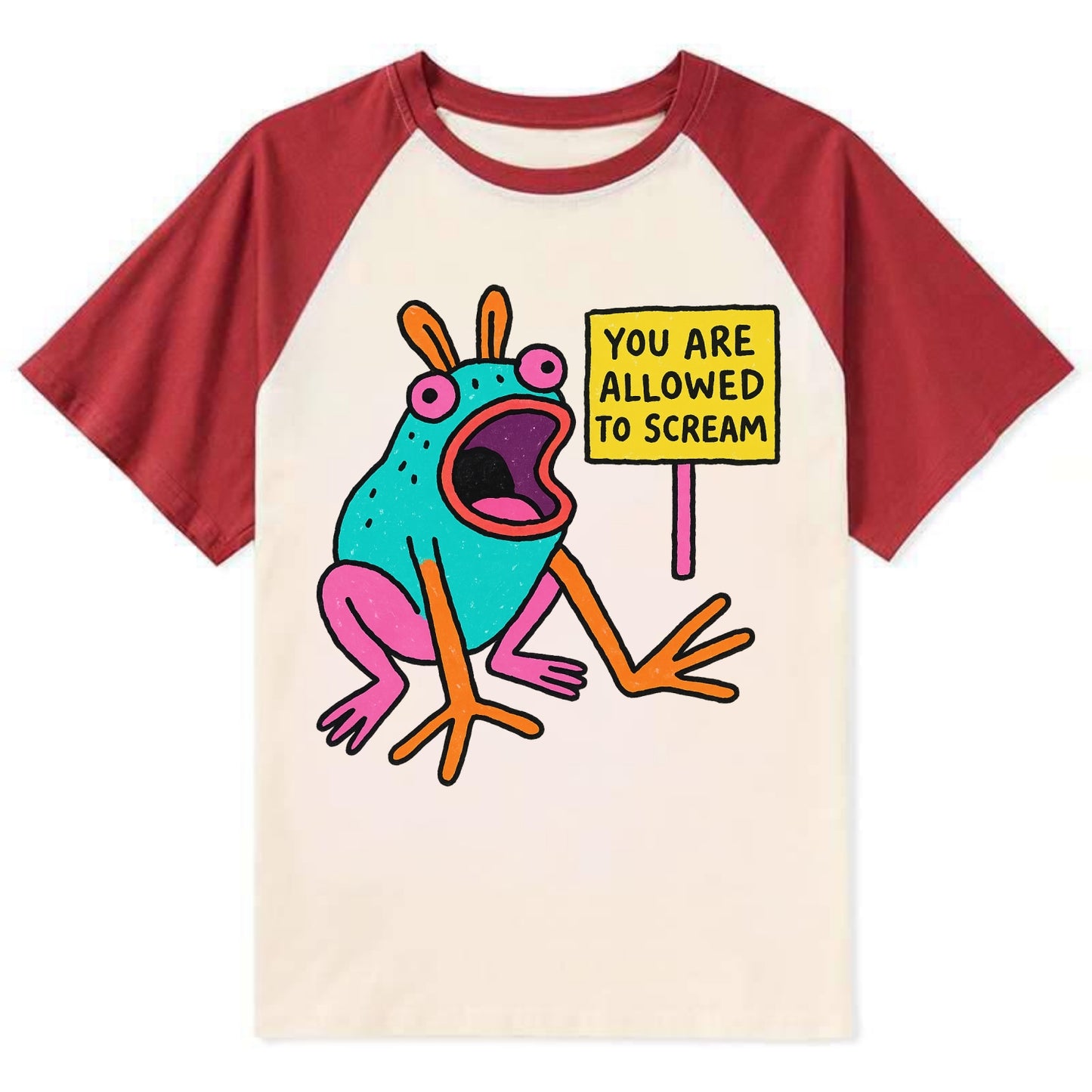 YOU ARE ALLOWED TO SCREAM | Open-mouthed frog - Contrast Raglan T-shirt - Red