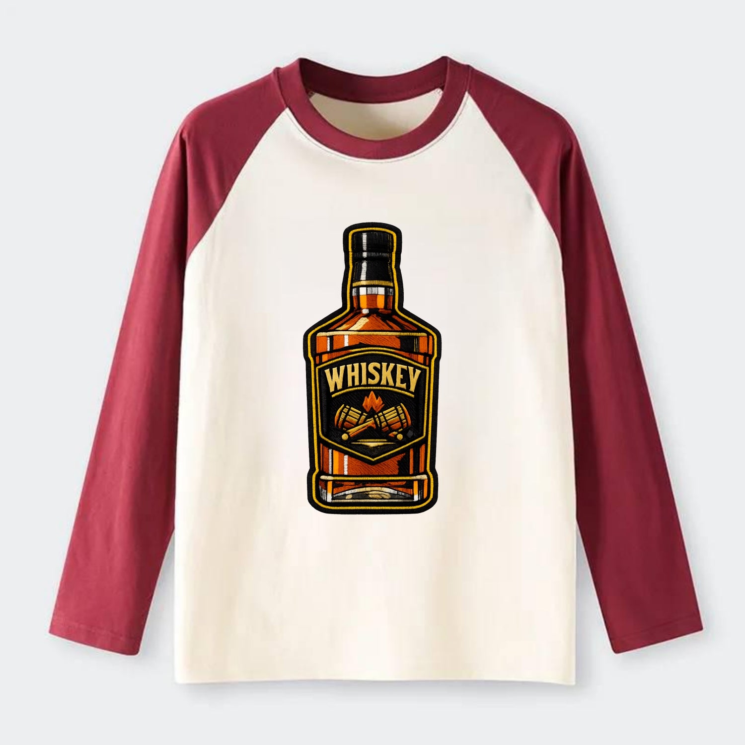 WHISKEY BOTTLE - bourbon bottle in amber and gold , spirits connoisseur - Raglan Long Sleeve T-Shirt - Red