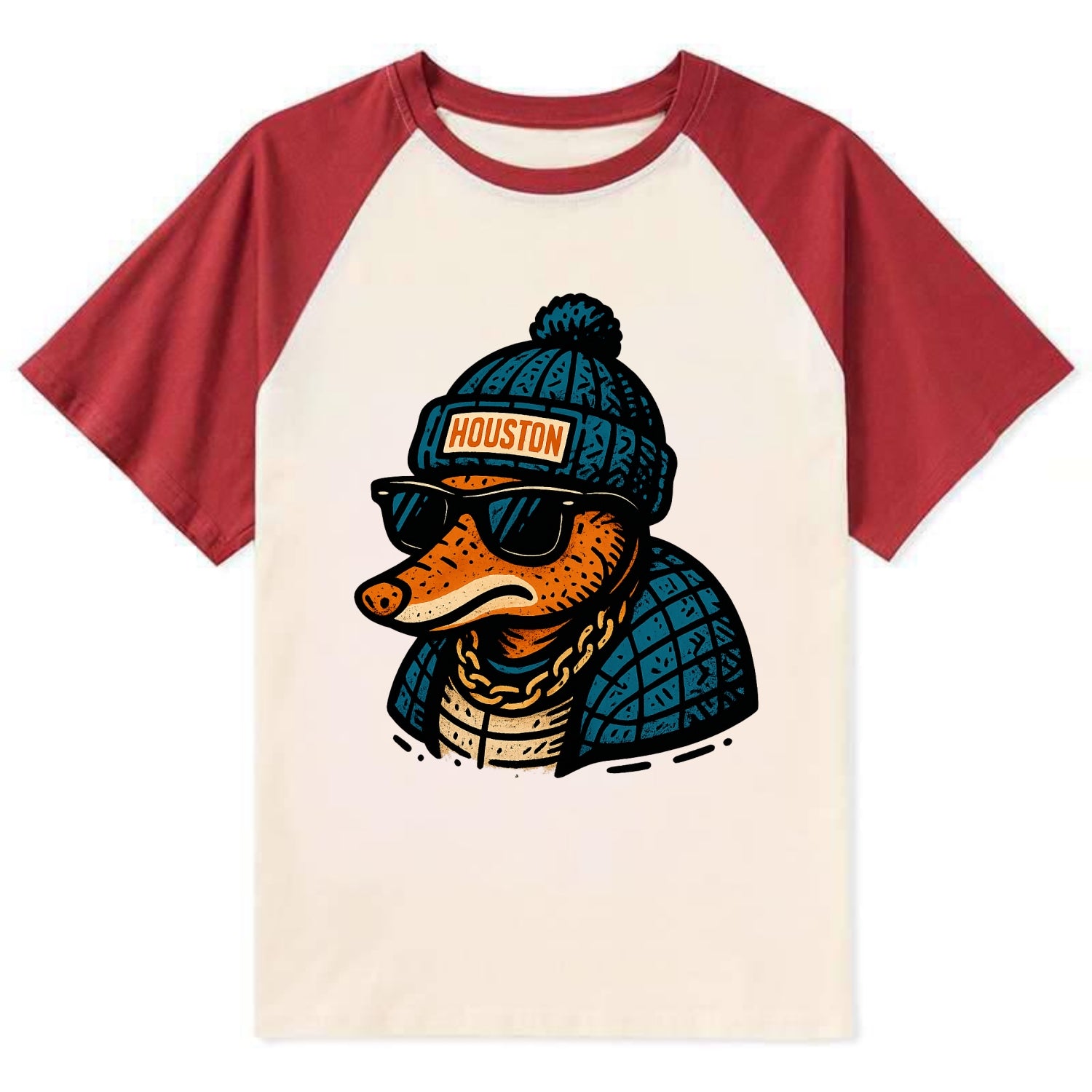 Houston Armadillo wearing Houston beanie with pom pom and wayfarer - Contrast Raglan T-shirt - Red