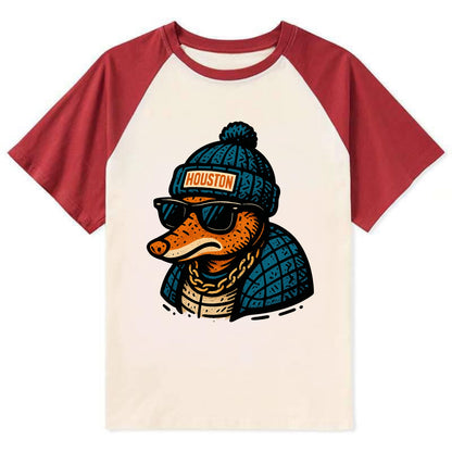 Houston Armadillo wearing Houston beanie with pom pom and wayfarer - Contrast Raglan T-shirt - Red