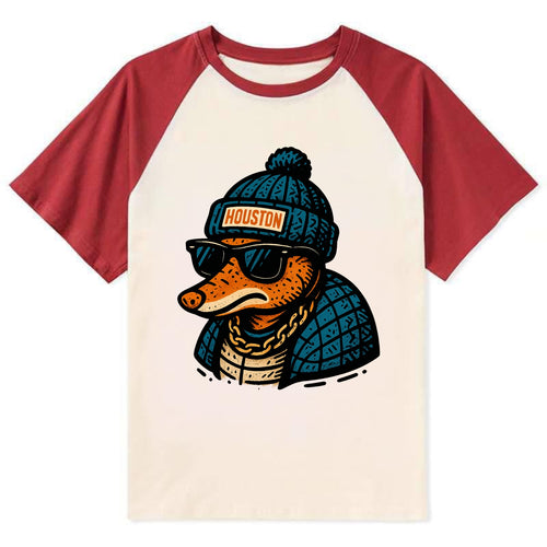 Houston Armadillo wearing Houston beanie with pom pom and wayfarer - Contrast Raglan T-shirt