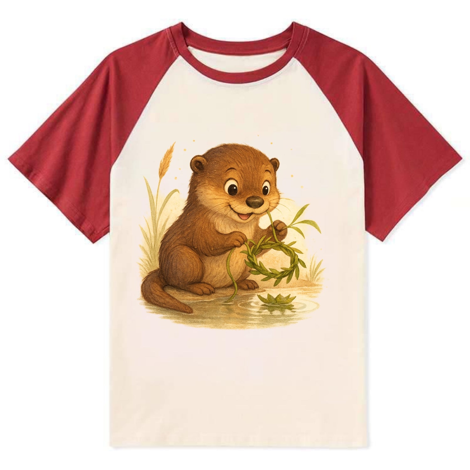 Otter weaving river reeds into a floating crown beside mirror-still water - Contrast Raglan T-shirt - Red