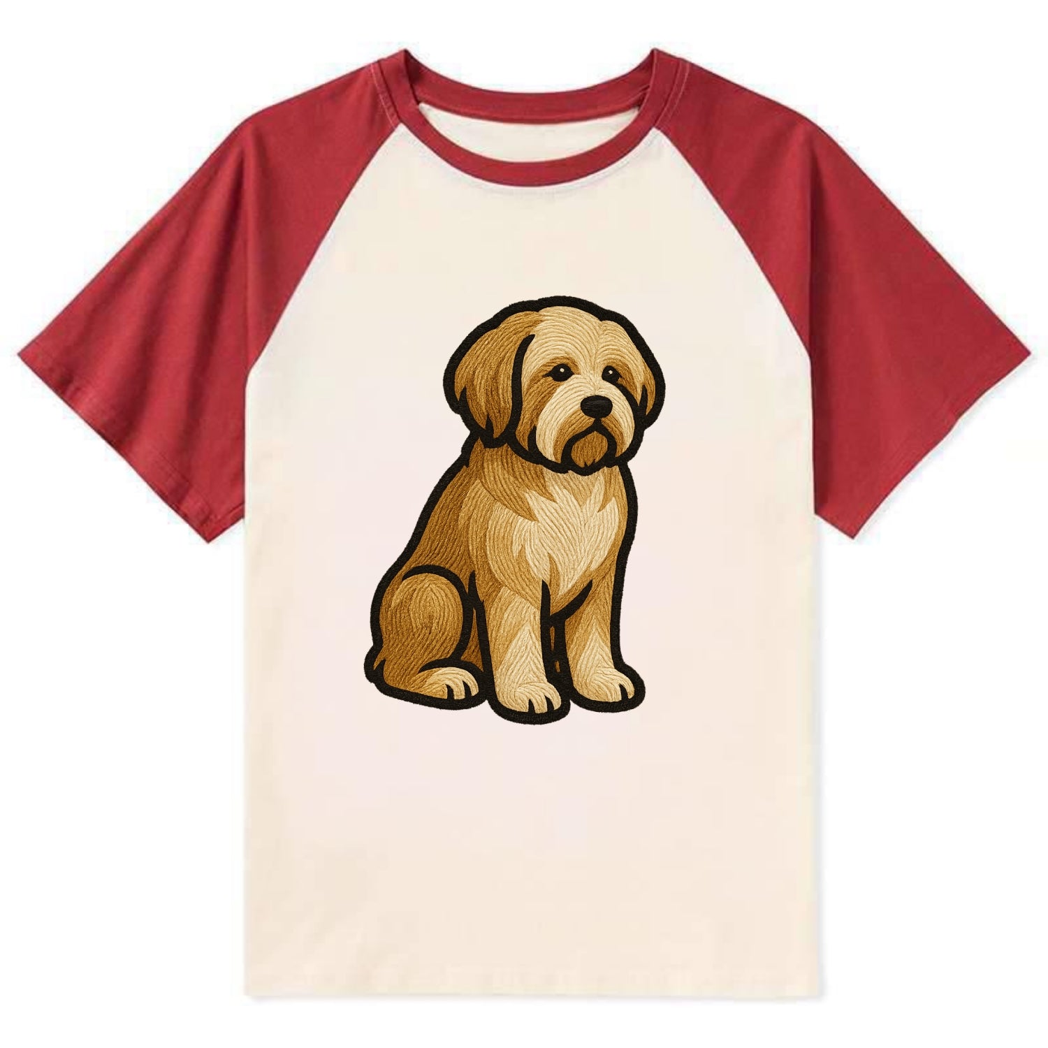 Tibetan Terrier - Gold and white embroidered sitting pose - Contrast Raglan T-shirt - Red