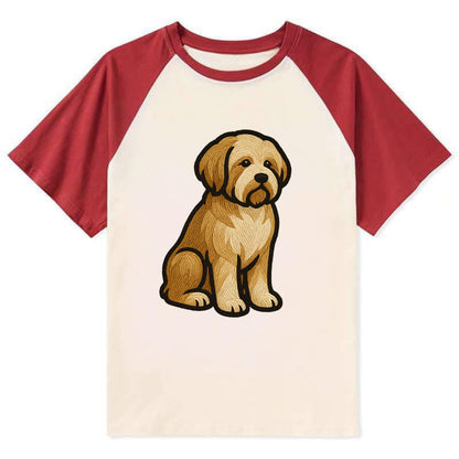 Tibetan Terrier - Gold and white embroidered sitting pose - Contrast Raglan T-shirt - Red
