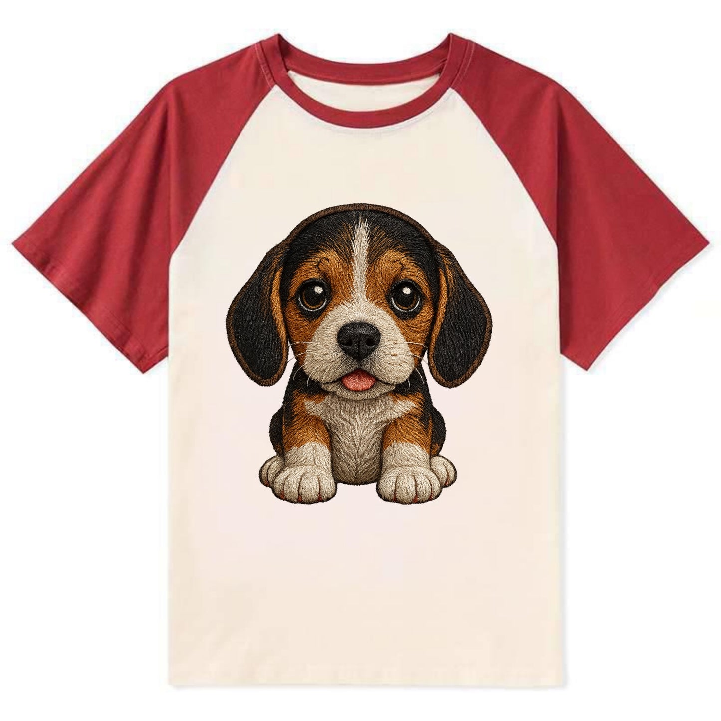 Baby Beagle Puppy - tricolor coat, long droopy ears, big pleading eyes, - Contrast Raglan T-shirt - Red