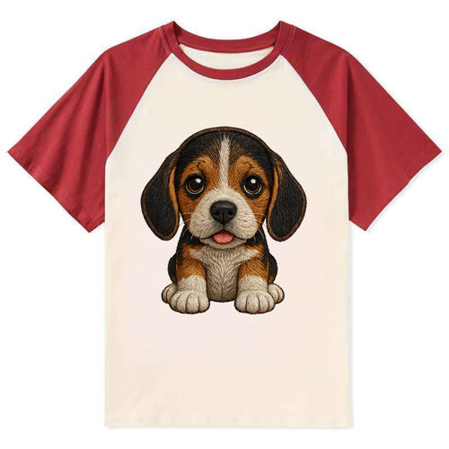 Baby Beagle Puppy - tricolor coat, long droopy ears, big pleading eyes, - Contrast Raglan T-shirt