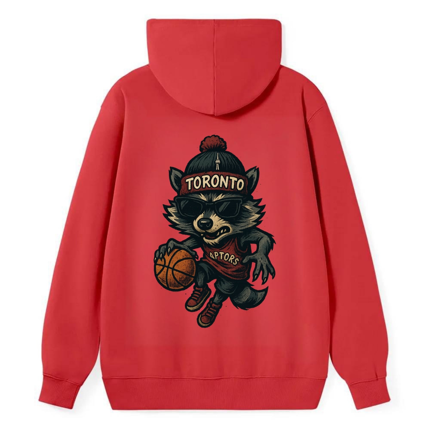 Toronto Raccoon wearing Raptors beanie with CN Tower patch and wayfarer - Classic Pullover Hoodie - Red