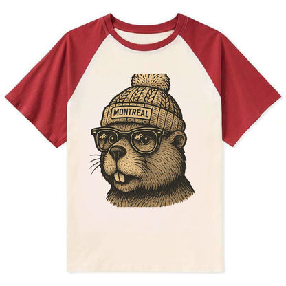Montreal Beaver wearing Montreal beanie with pom pom and wayfarer - Contrast Raglan T-shirt - Red