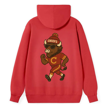 KC Bison wearing Chiefs beanie with arrowhead patch and wayfarer - Classic Pullover Hoodie - Red