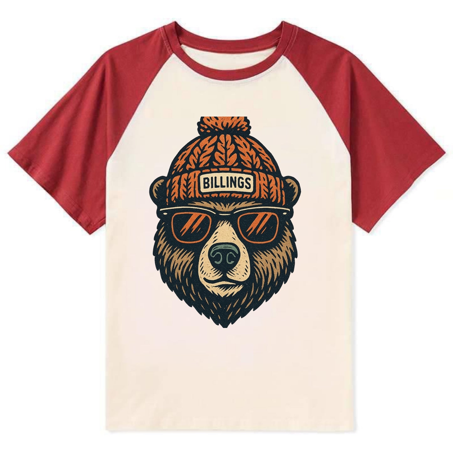 Montana Grizzly Bear wearing Billings beanie with pom pom and wayfarer - Contrast Raglan T-shirt - Red