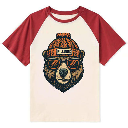 Montana Grizzly Bear wearing Billings beanie with pom pom and wayfarer - Contrast Raglan T-shirt - Red