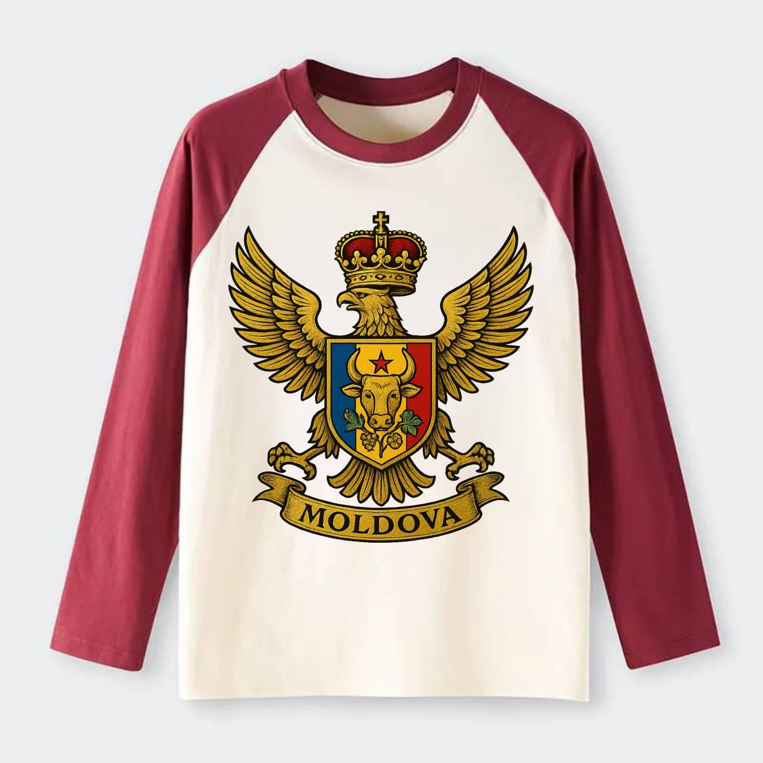 Moldova Heritage Badge - Raglan Long Sleeve T-Shirt - Red