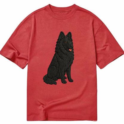 Belgian Sheepdog - Black long-haired embroidered pose - Classic T-shirt - Red