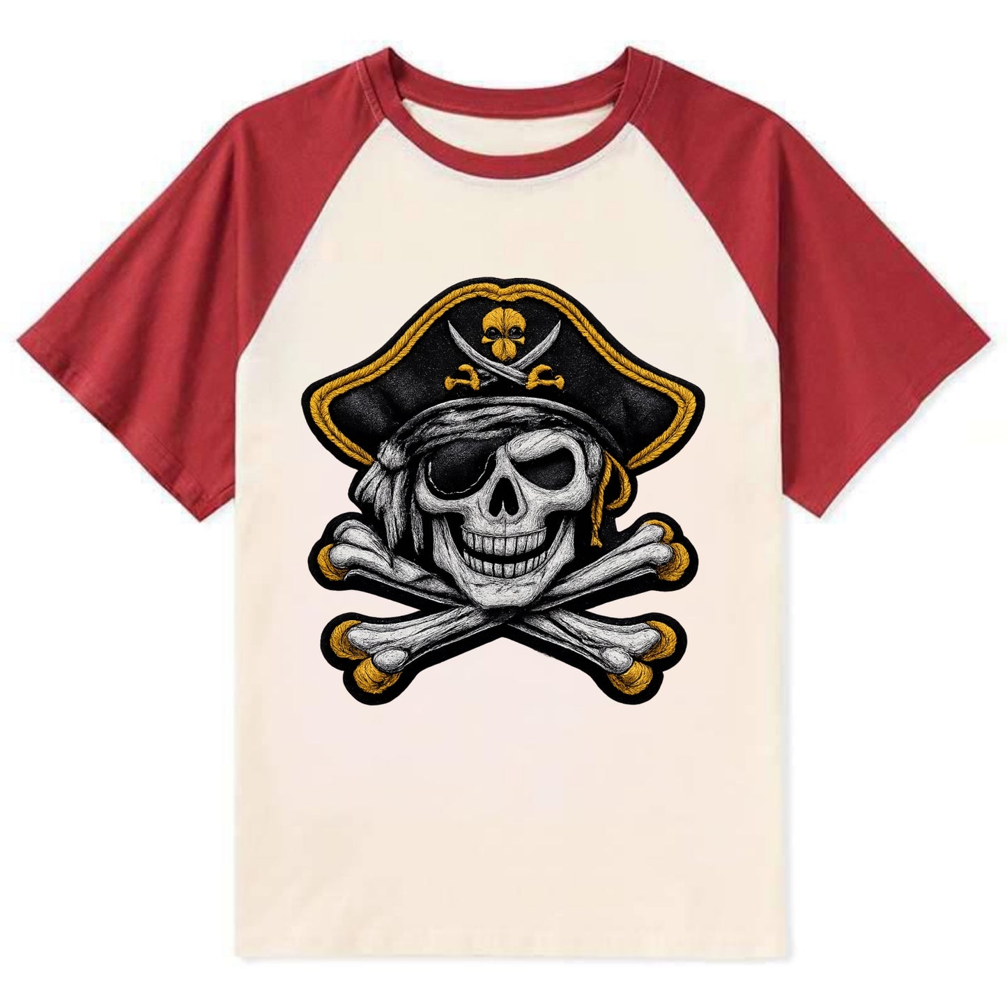 PIRATE SKULL - Jolly Roger skull in black and white , pirate - Contrast Raglan T-shirt - Red