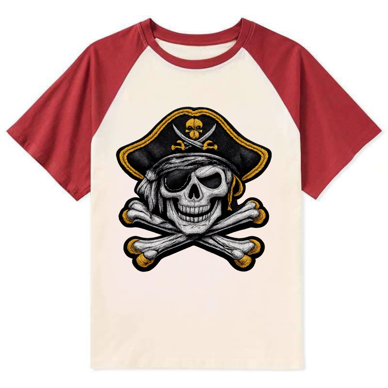 PIRATE SKULL - Jolly Roger skull in black and white , pirate - Contrast Raglan T-shirt - Red