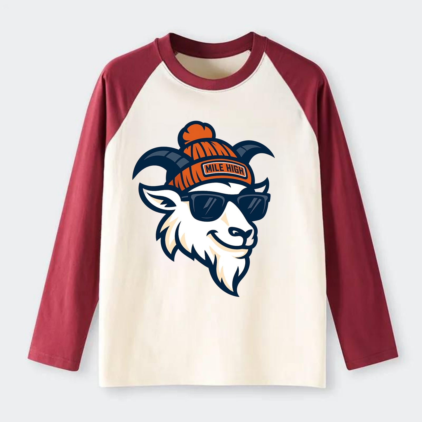 Denver Mountain Goat wearing Broncos beanie with Mile High patch and - Raglan Long Sleeve T-Shirt - Red