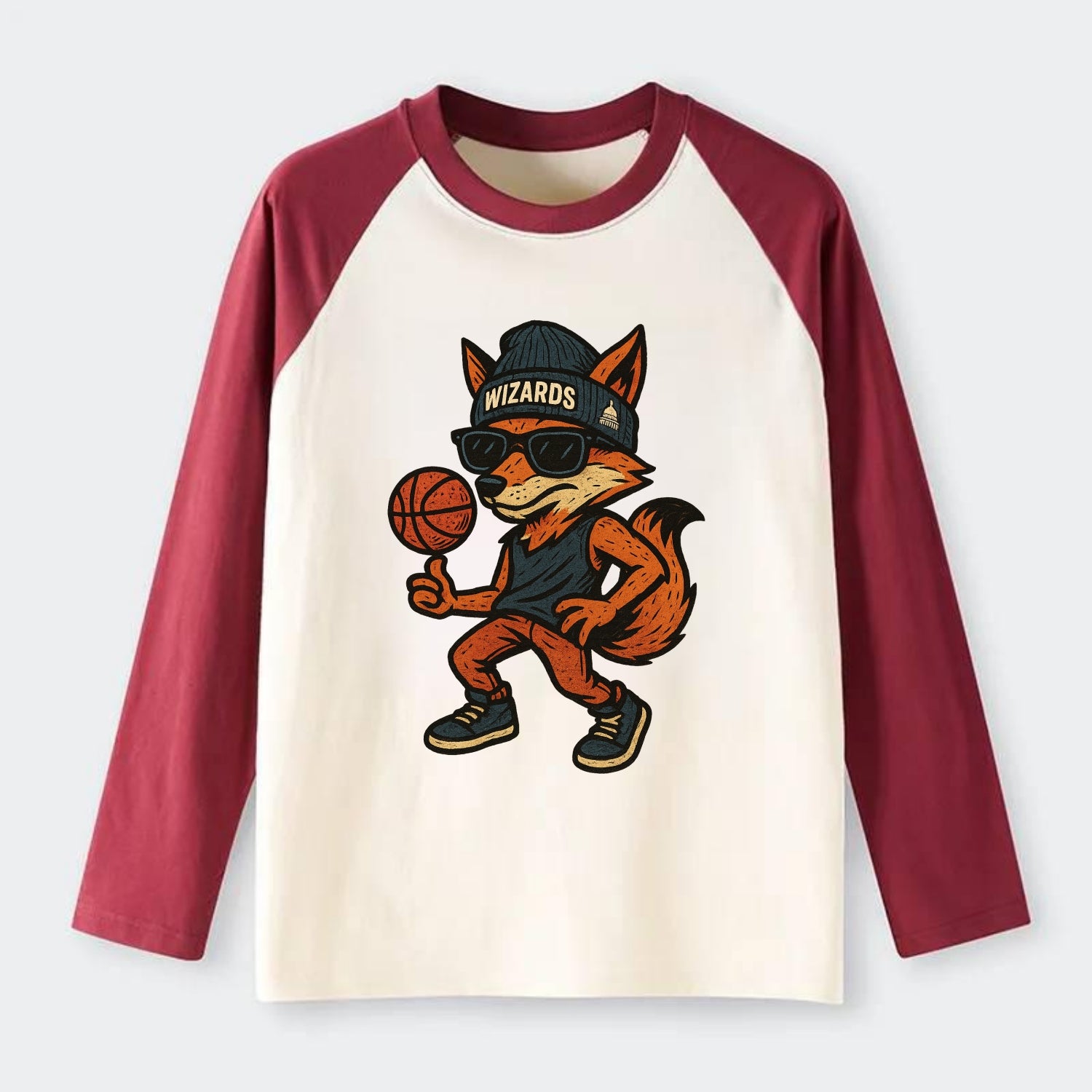 Washington Fox wearing Wizards beanie with capitol patch and wayfarer - Raglan Long Sleeve T-Shirt - Red