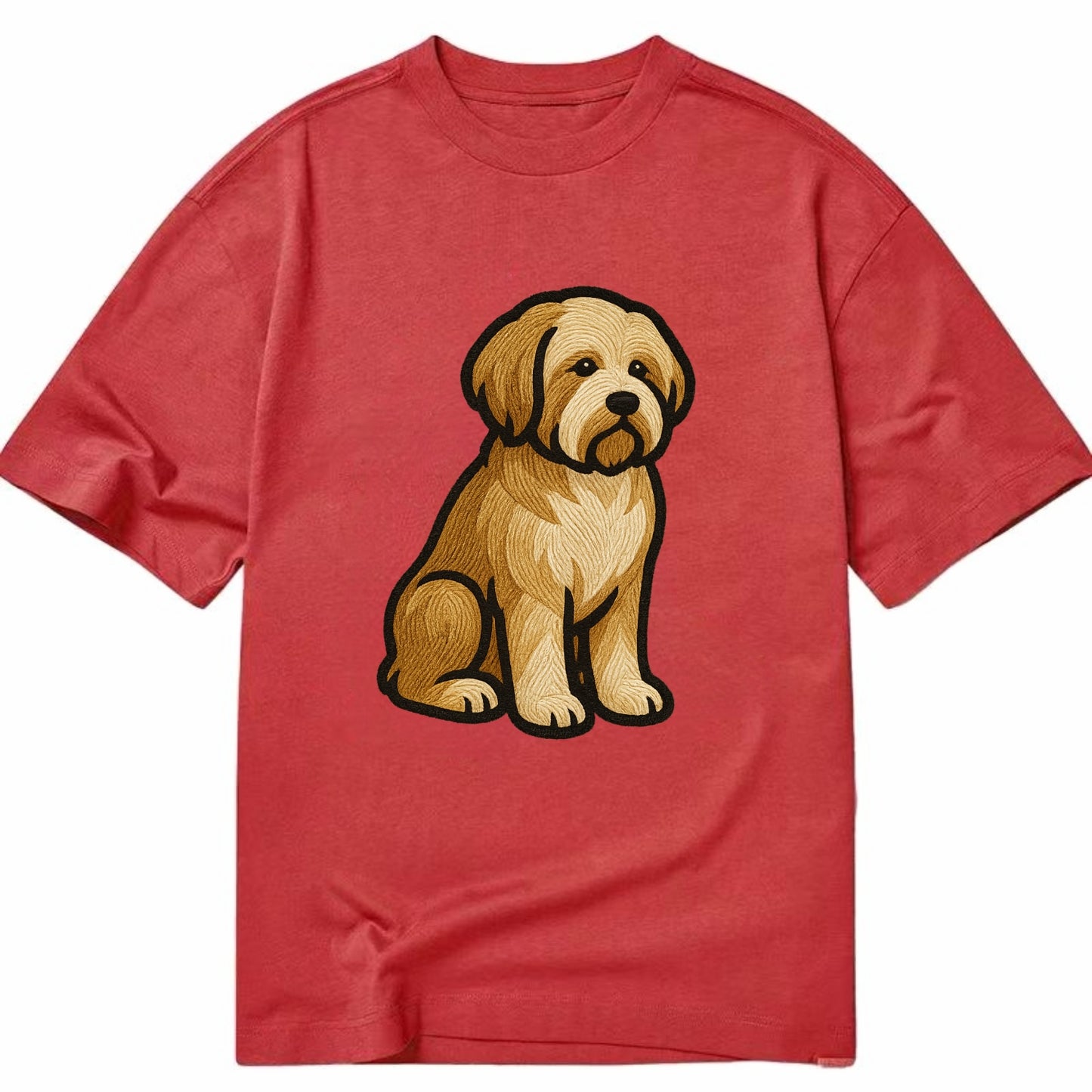 Tibetan Terrier - Gold and white embroidered sitting pose - Classic T-shirt - Red