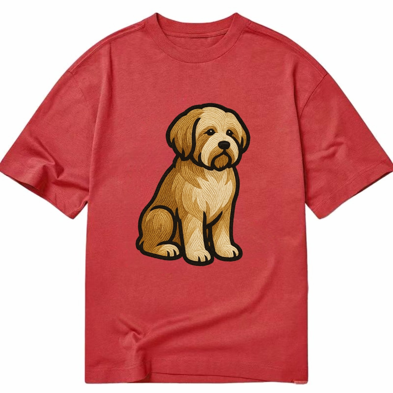 Tibetan Terrier - Gold and white embroidered sitting pose - Classic T-shirt - Red