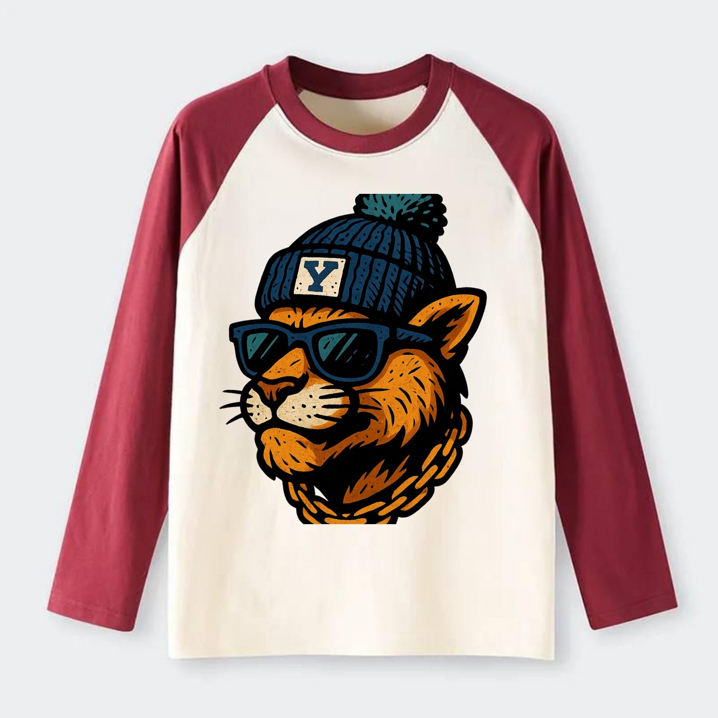 Provo Cougar wearing BYU beanie with Y patch - Raglan Long Sleeve T-Shirt - Red