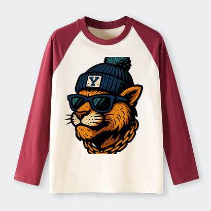 Provo Cougar wearing BYU beanie with Y patch - Raglan Long Sleeve T-Shirt - Red