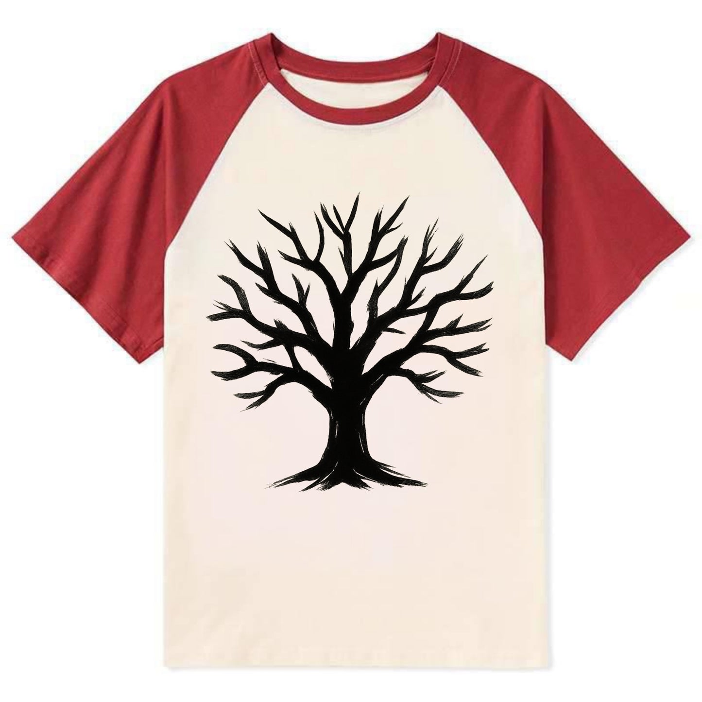 Tree with many branches - community strength ink art - Contrast Raglan T-shirt - Red