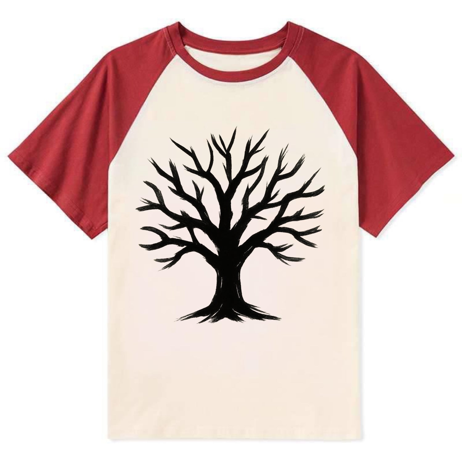 Tree with many branches - community strength ink art - Contrast Raglan T-shirt - Red