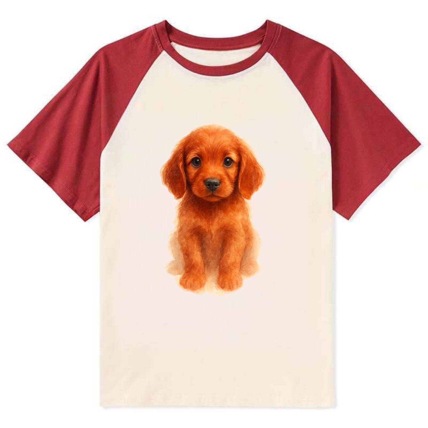 Baby Irish Setter Puppy - mahogany red coat, feathered ears, friendly - Contrast Raglan T-shirt - Red