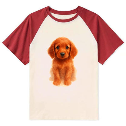 Baby Irish Setter Puppy - mahogany red coat, feathered ears, friendly - Contrast Raglan T-shirt - Red
