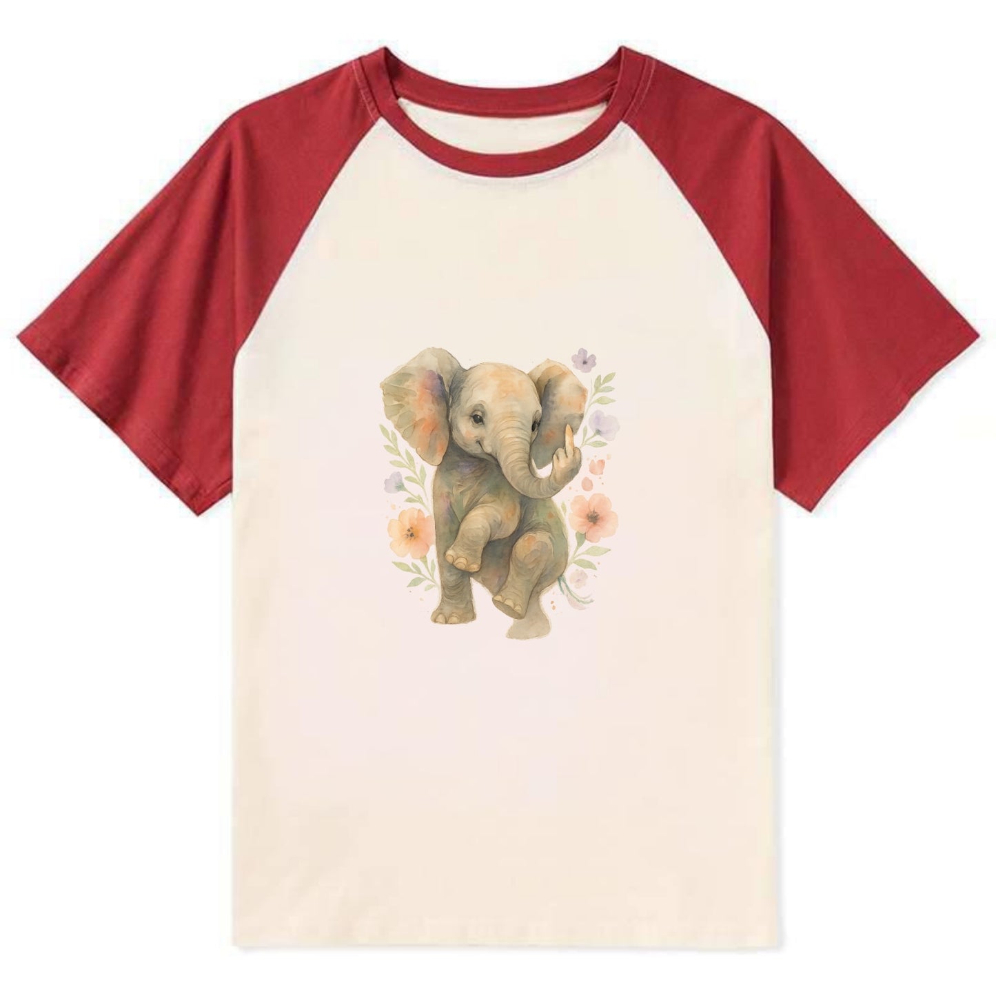 baby elephant with trunk up, one foot raised with middle toe extended - Contrast Raglan T-shirt - Red