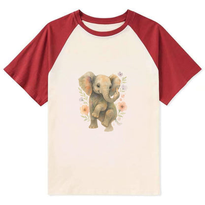 baby elephant with trunk up, one foot raised with middle toe extended - Contrast Raglan T-shirt - Red