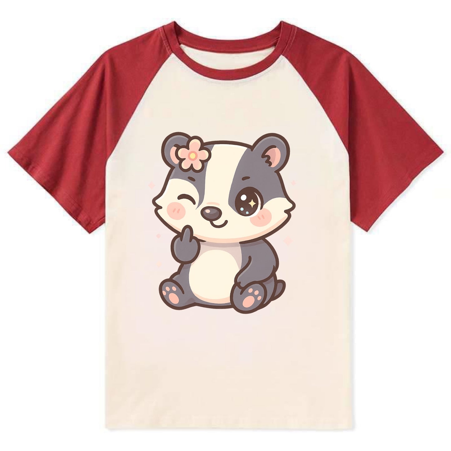 adorable badger with black and white stripes, one paw giving finger - Contrast Raglan T-shirt - Red