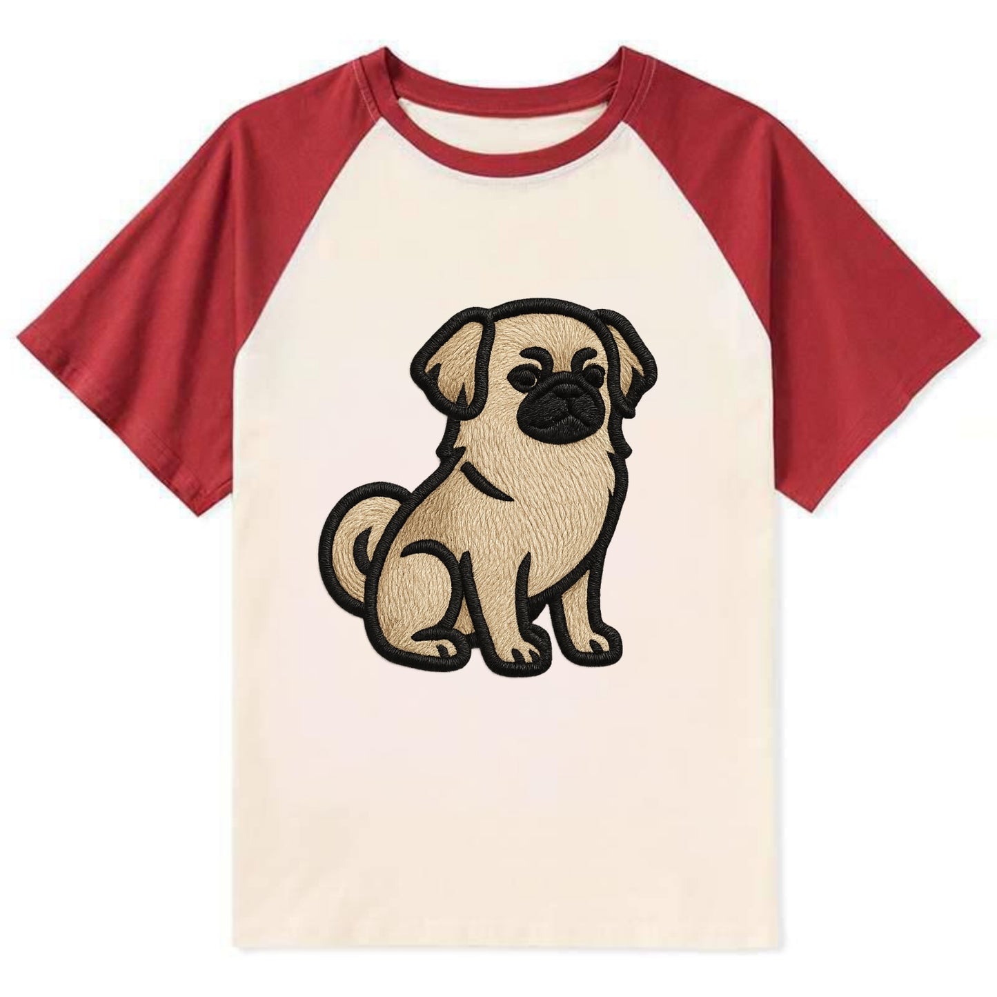 Tibetan Spaniel - Fawn small dog embroid - Contrast Raglan T-shirt - Red