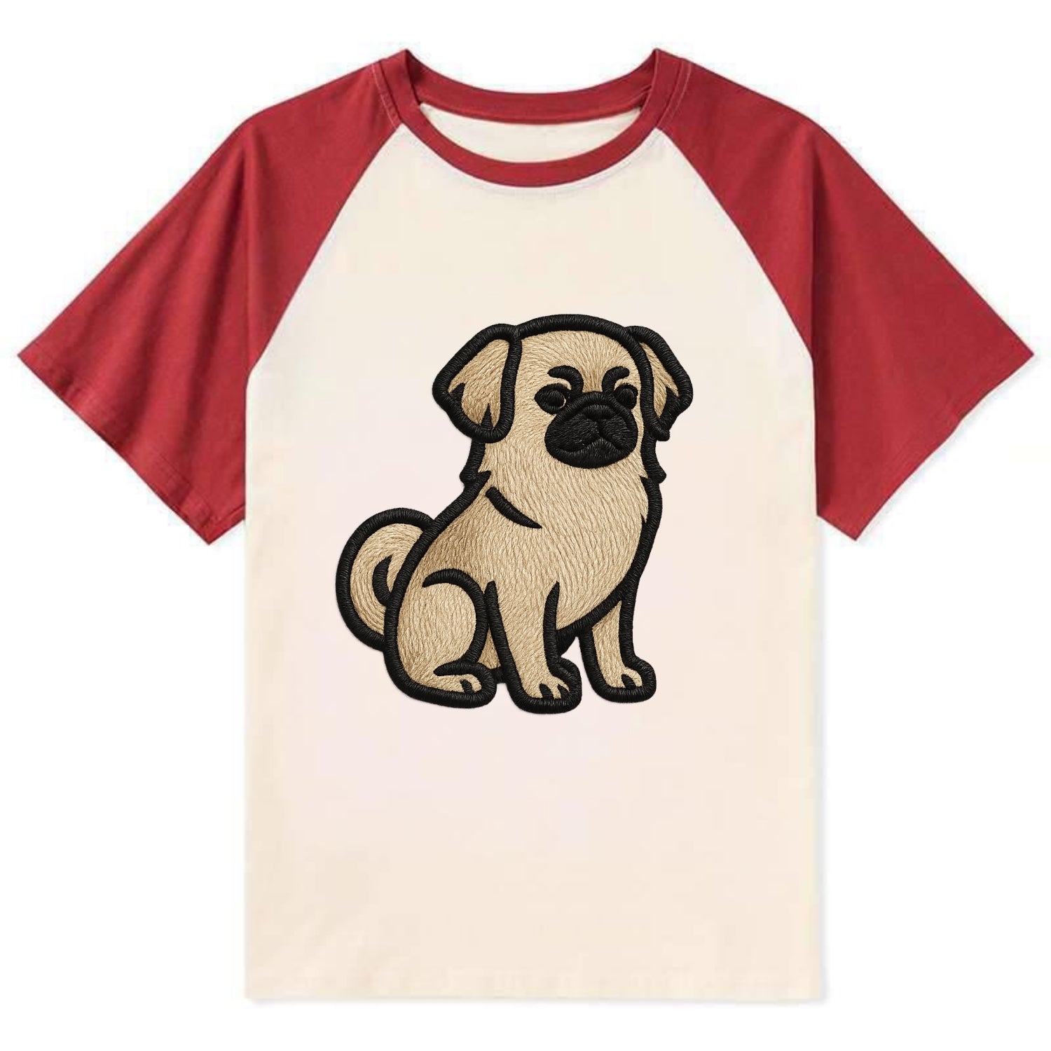 Tibetan Spaniel - Fawn small dog embroid - Contrast Raglan T-shirt - Red