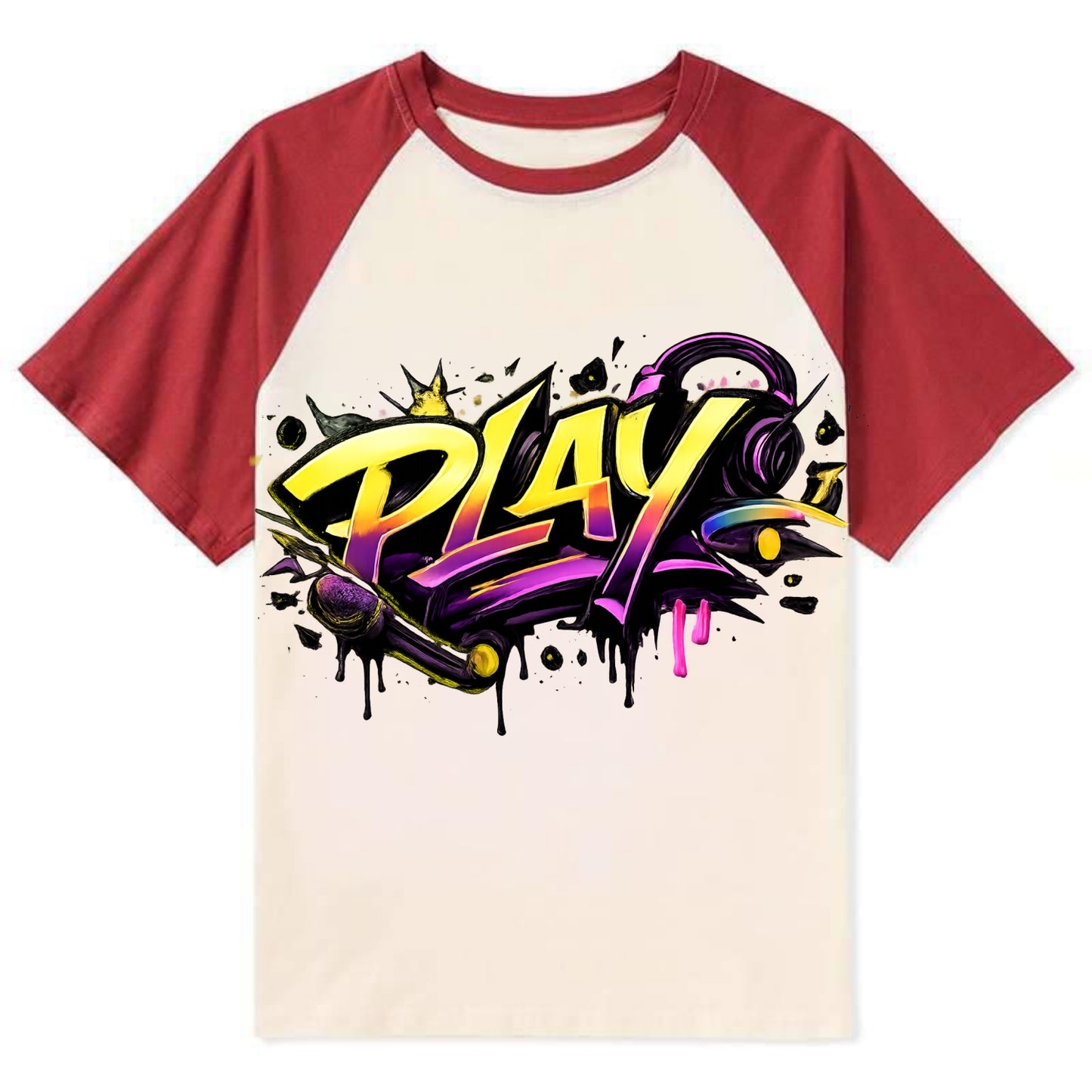 Bold typography design - "PLAY" - creative expression, musical performance - Contrast Raglan T-shirt - Red