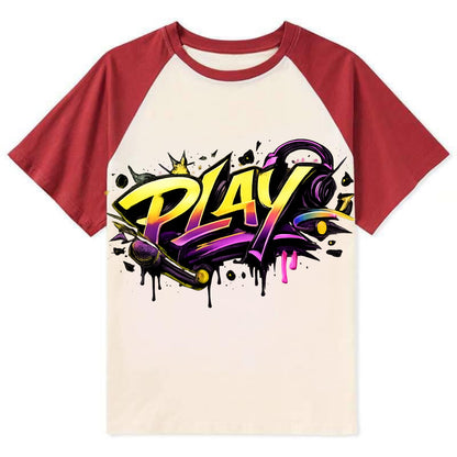 Bold typography design - "PLAY" - creative expression, musical performance - Contrast Raglan T-shirt - Red