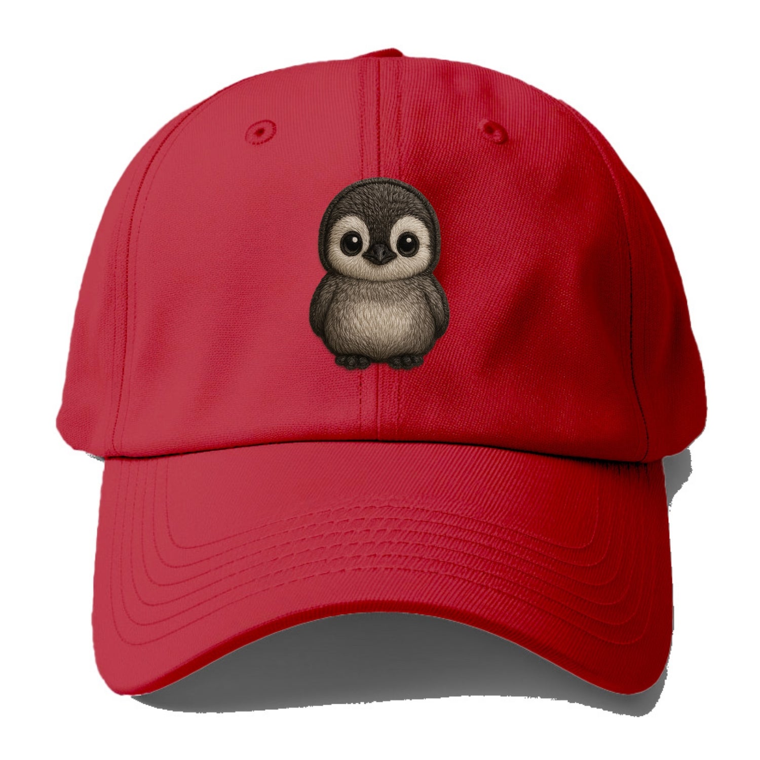 Baby Penguin Chick - gray fluffy, white face, round body, front-facing, tuxedo baby - Baseball Cap - Red