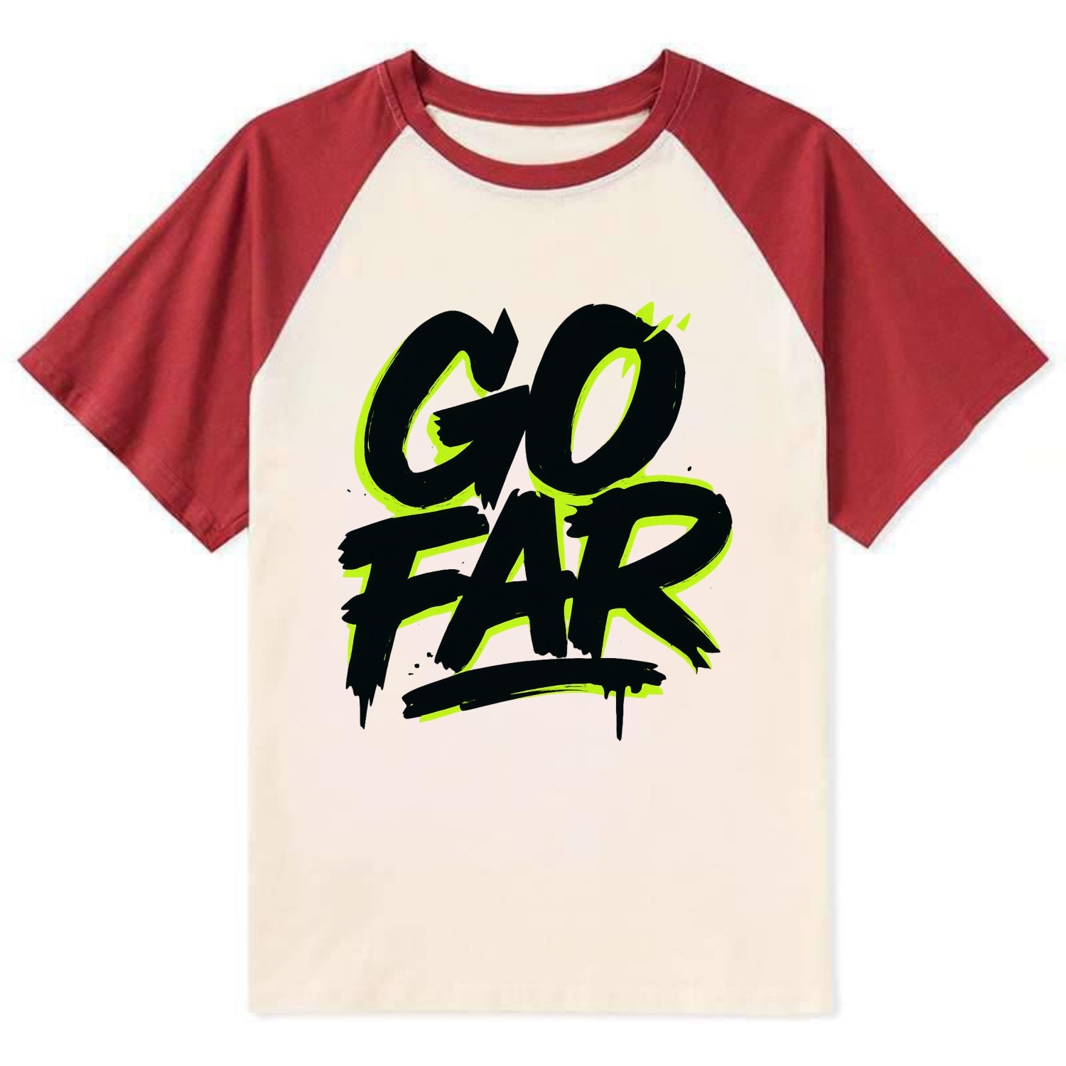 Bold typography design - "GO FAR" - distance goals, pushing limits - Contrast Raglan T-shirt - Red