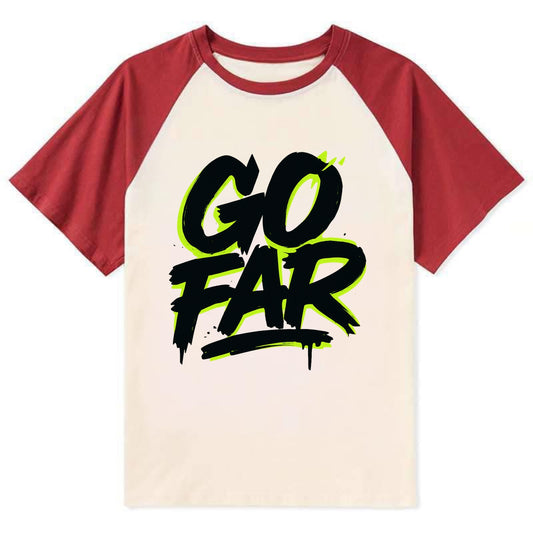 Bold typography design - "GO FAR" - distance goals, pushing limits - Contrast Raglan T-shirt - Red