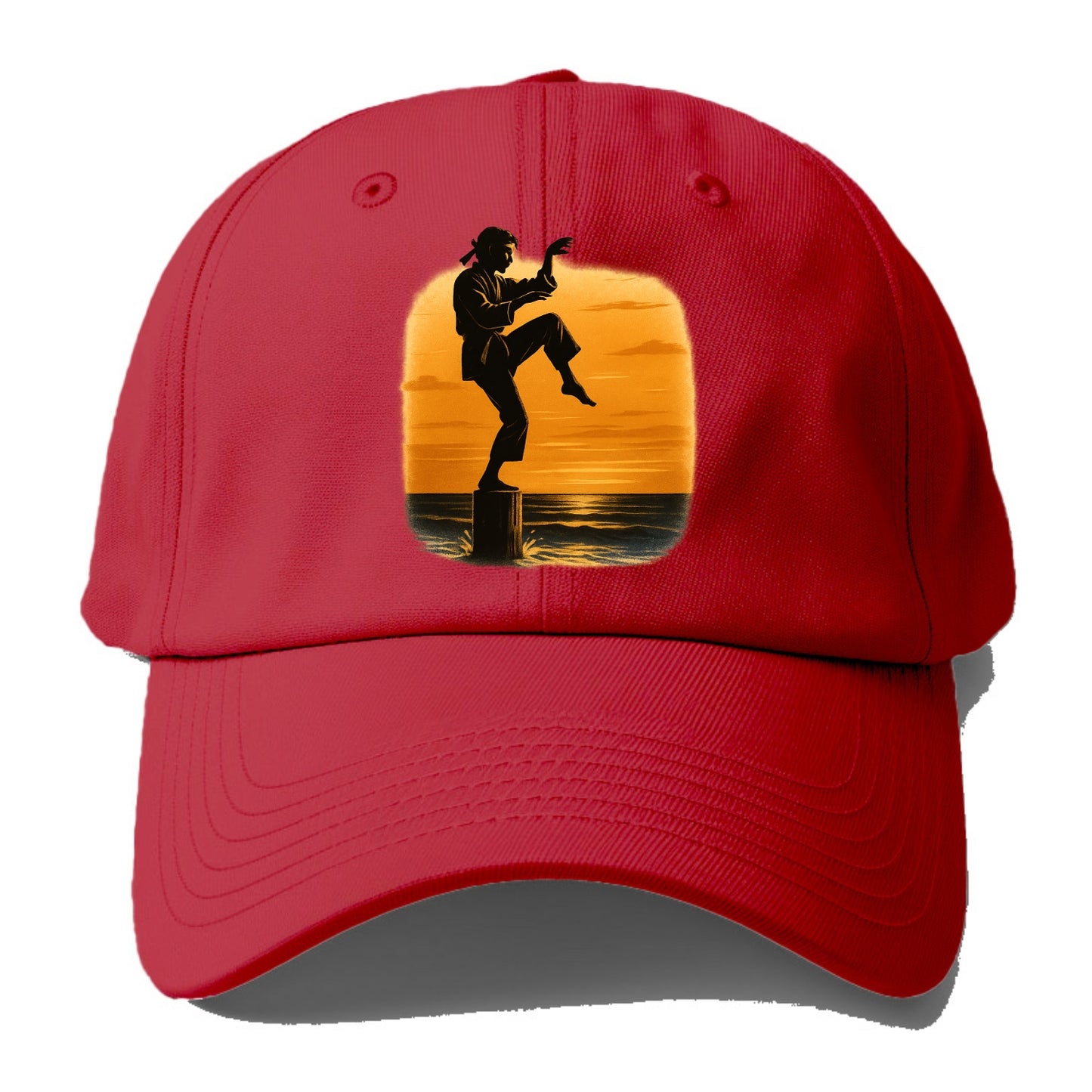 karate crane kick pose on wooden post at beach sunset - Baseball Cap - Red