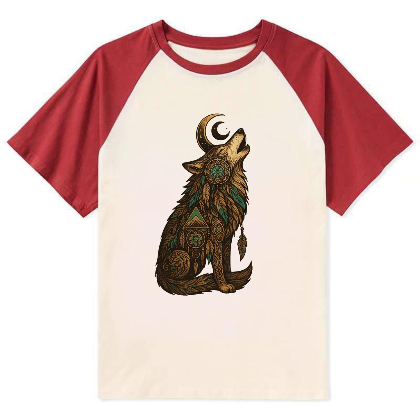 Celestial Moon Wolf  - Contrast Raglan T-shirt - Red