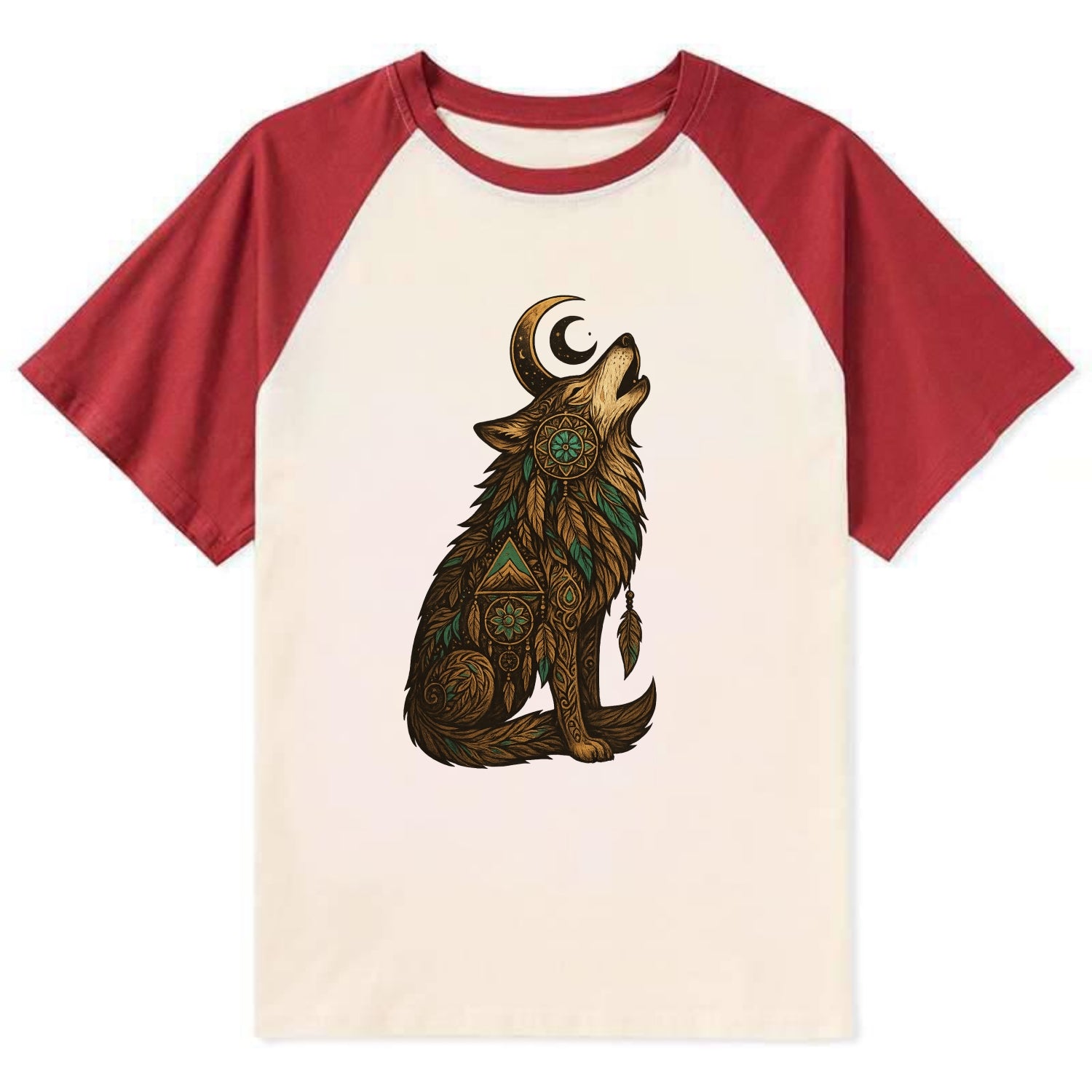 Celestial Moon Wolf  - Contrast Raglan T-shirt - Red