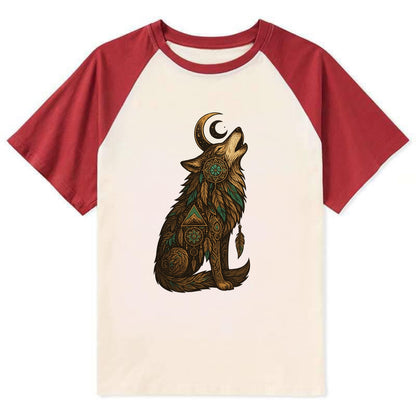 Celestial Moon Wolf  - Contrast Raglan T-shirt - Red