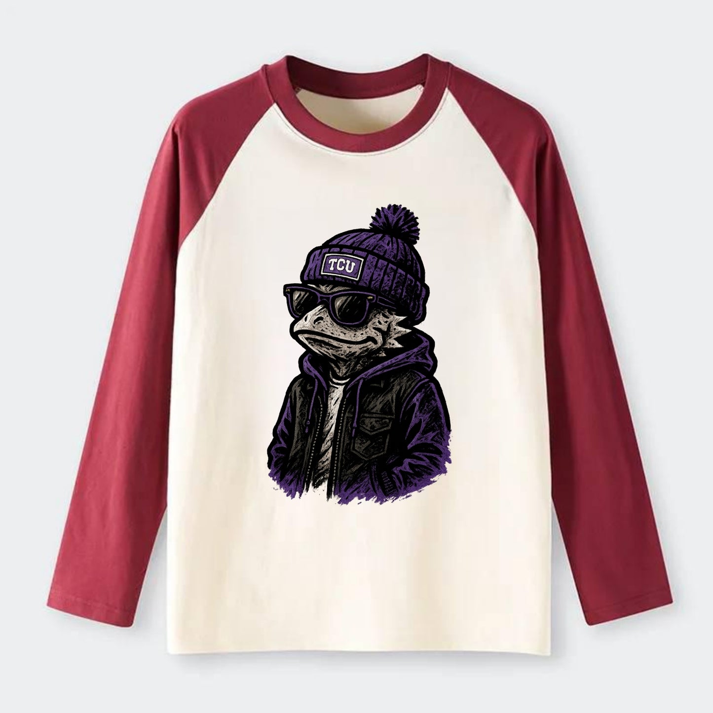 Fort Worth Frog wearing TCU beanie with horned patch - Raglan Long Sleeve T-Shirt - Red