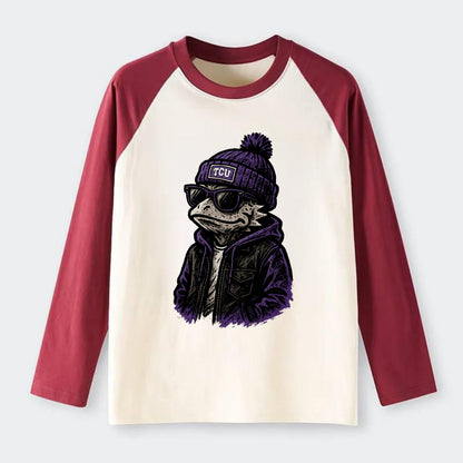 Fort Worth Frog wearing TCU beanie with horned patch - Raglan Long Sleeve T-Shirt - Red