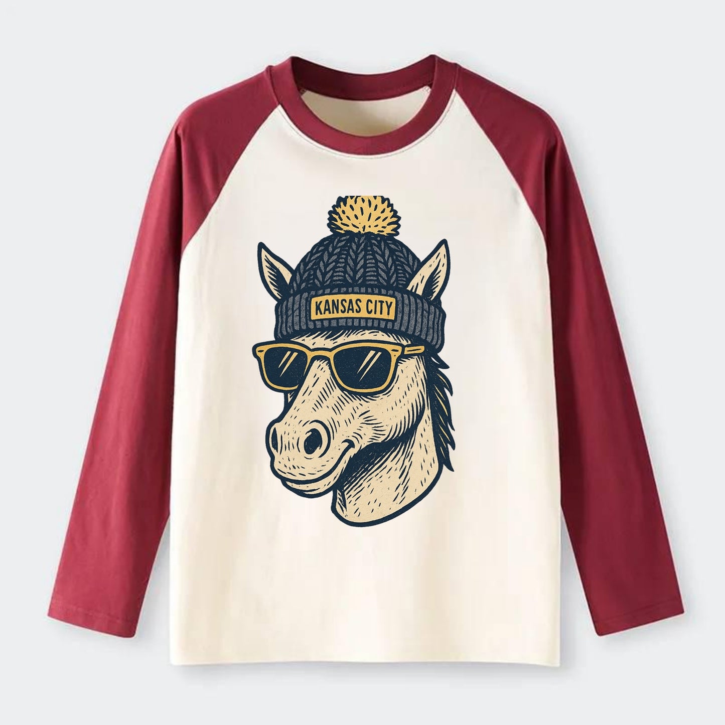 Missouri Mule wearing Kansas City beanie with pom pom and wayfarer - Raglan Long Sleeve T-Shirt - Red
