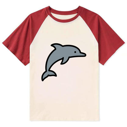 Bottlenose Dolphin - Gray jumping pose flat side profile - Contrast Raglan T-shirt - Red